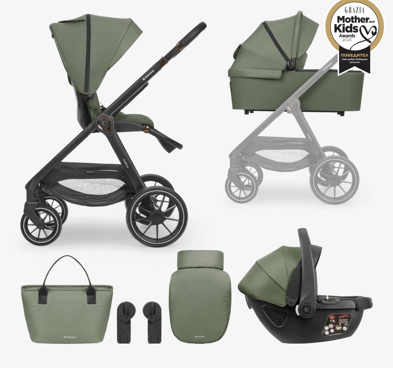 kikka boo kolica za bebe sa tvrdom korpom auto sedistem i torbom Modena 3u1 zelena Happy kids jpg2