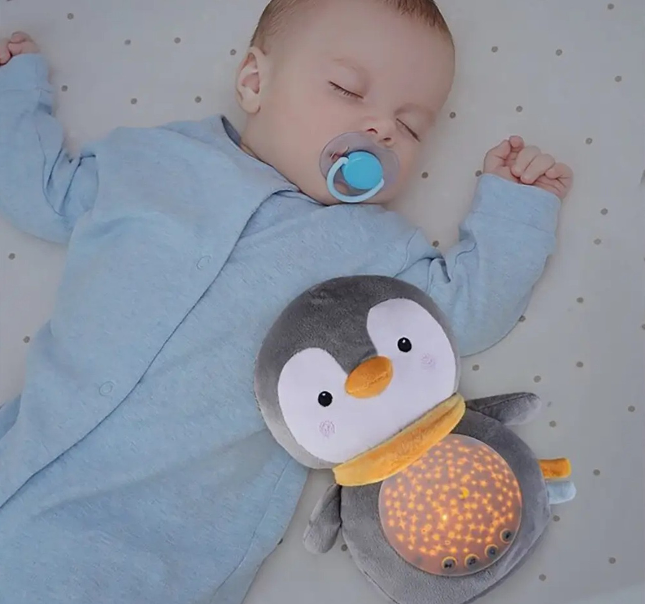 projektor noćna lampa bela buka pingvin Happy kids