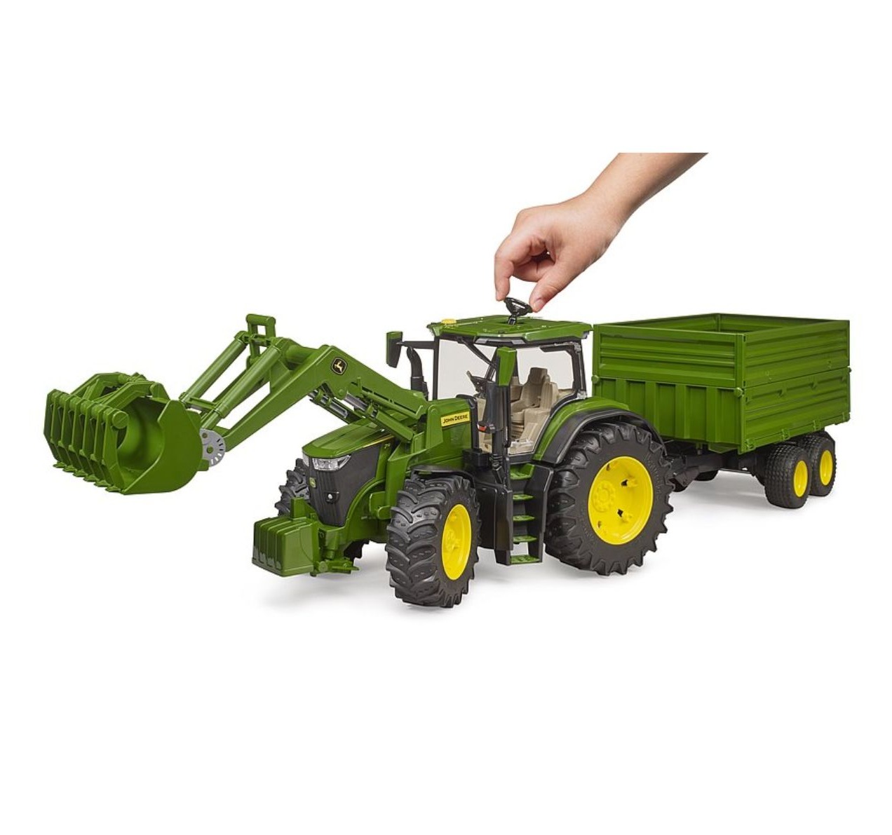 Bruder traktor John Deere 7R 350 sa prednjim utovarivačem i prikolicom 031558