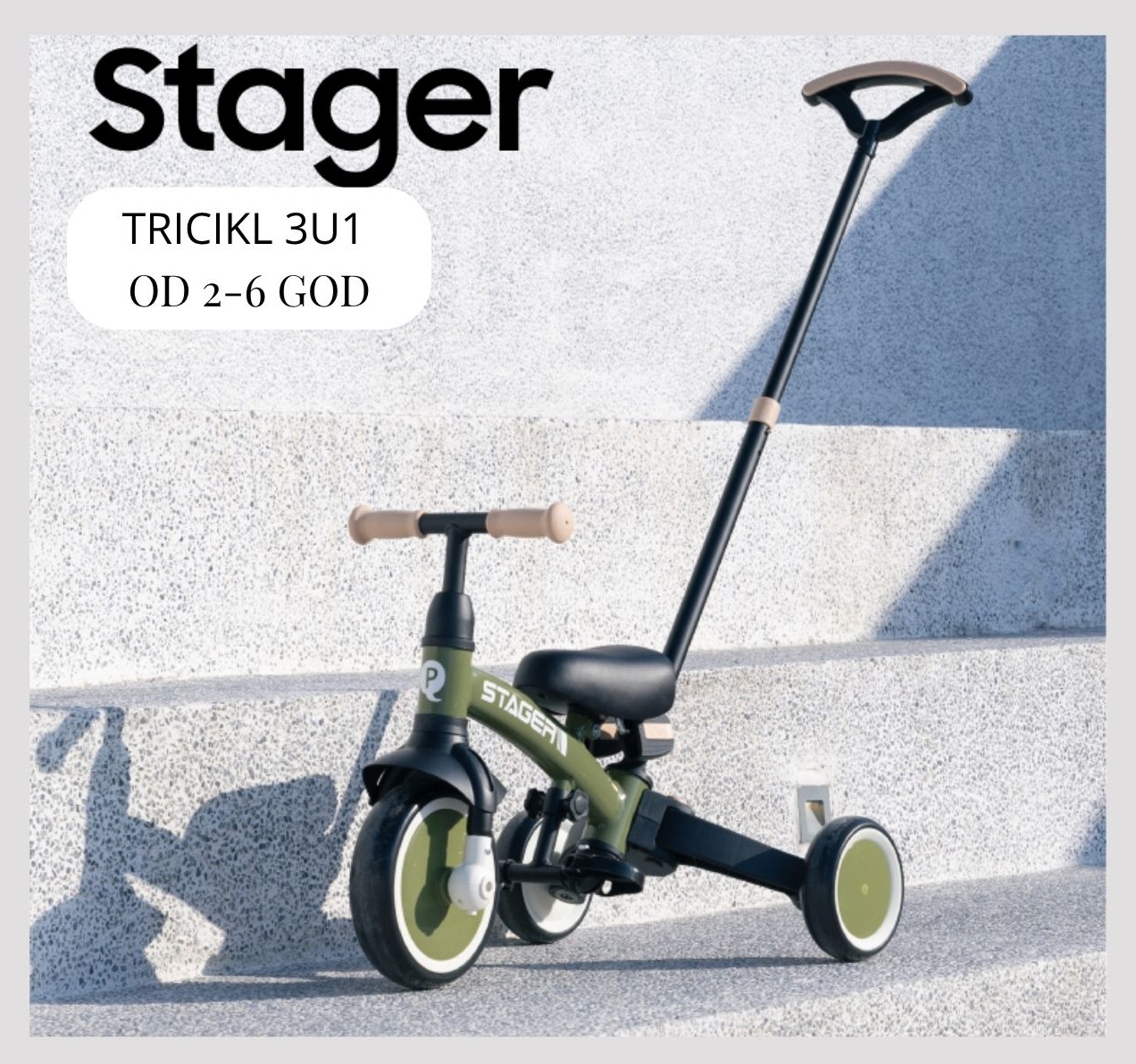 Stager tricikl za decu 3u1 zeleni sa ruckom za guranje-Happy kids