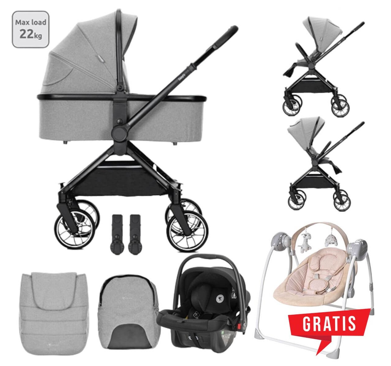 Lorelli Reya Kolica za bebe 3u1 Grey i gratis ležaljka Portofino
