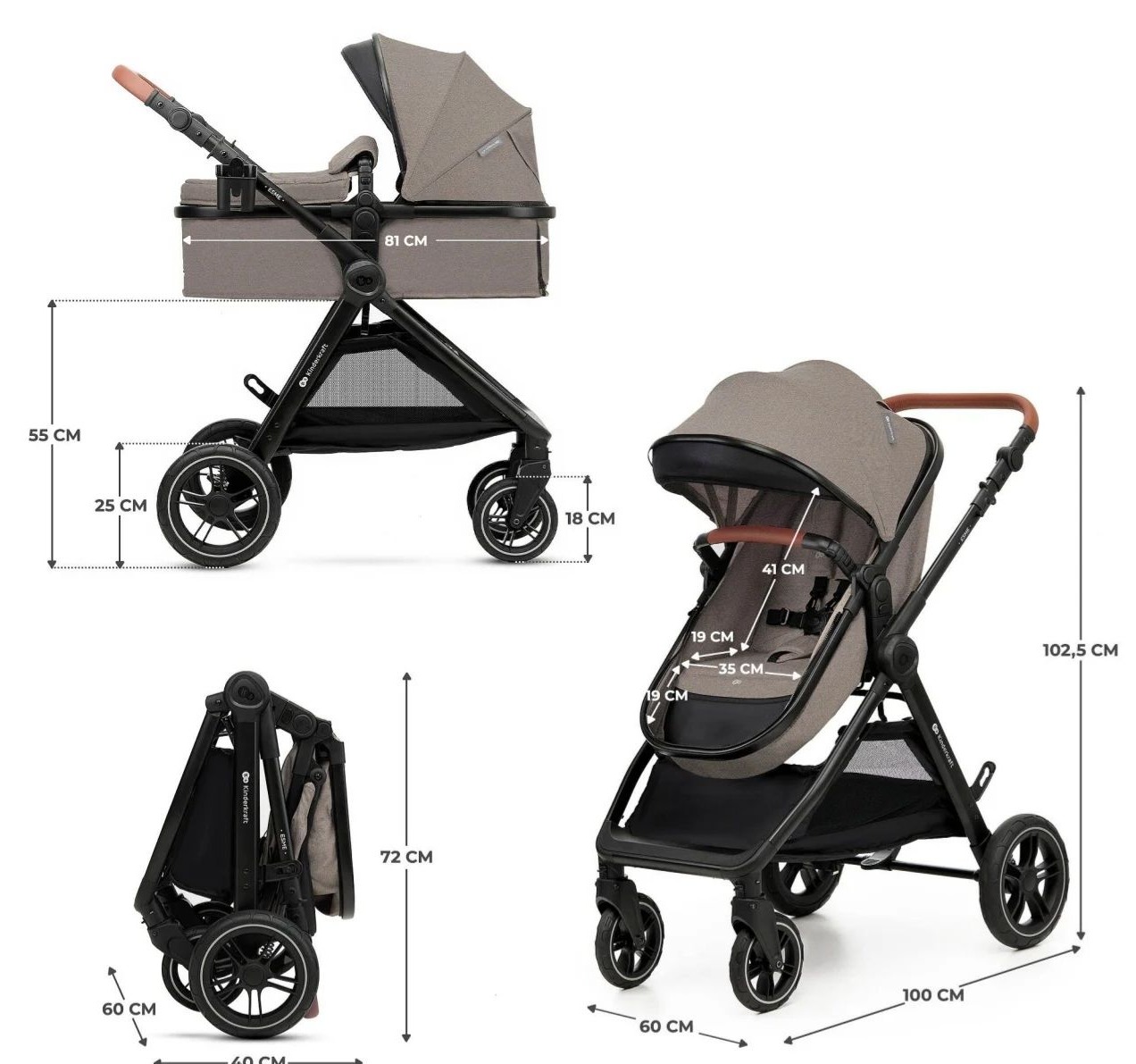 Kinderkraft Esme kolica za bebe 3u1-dimenzije