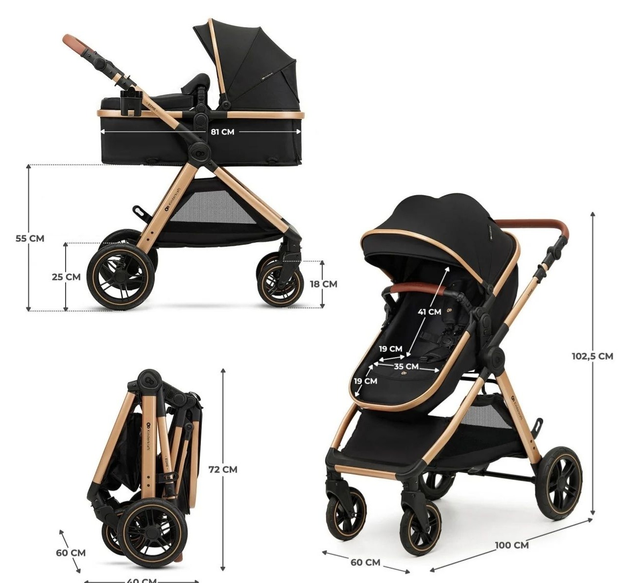 Kinderkraft Esme kolica za bebe Pure Black-dimenzije