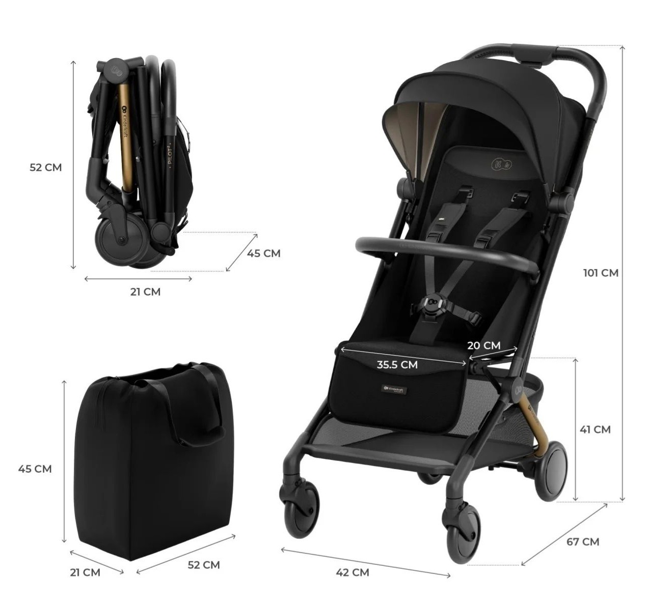 Kinderkraft Pilot 2 kolica za bebe do 22kg Midnight Black-dimenzije