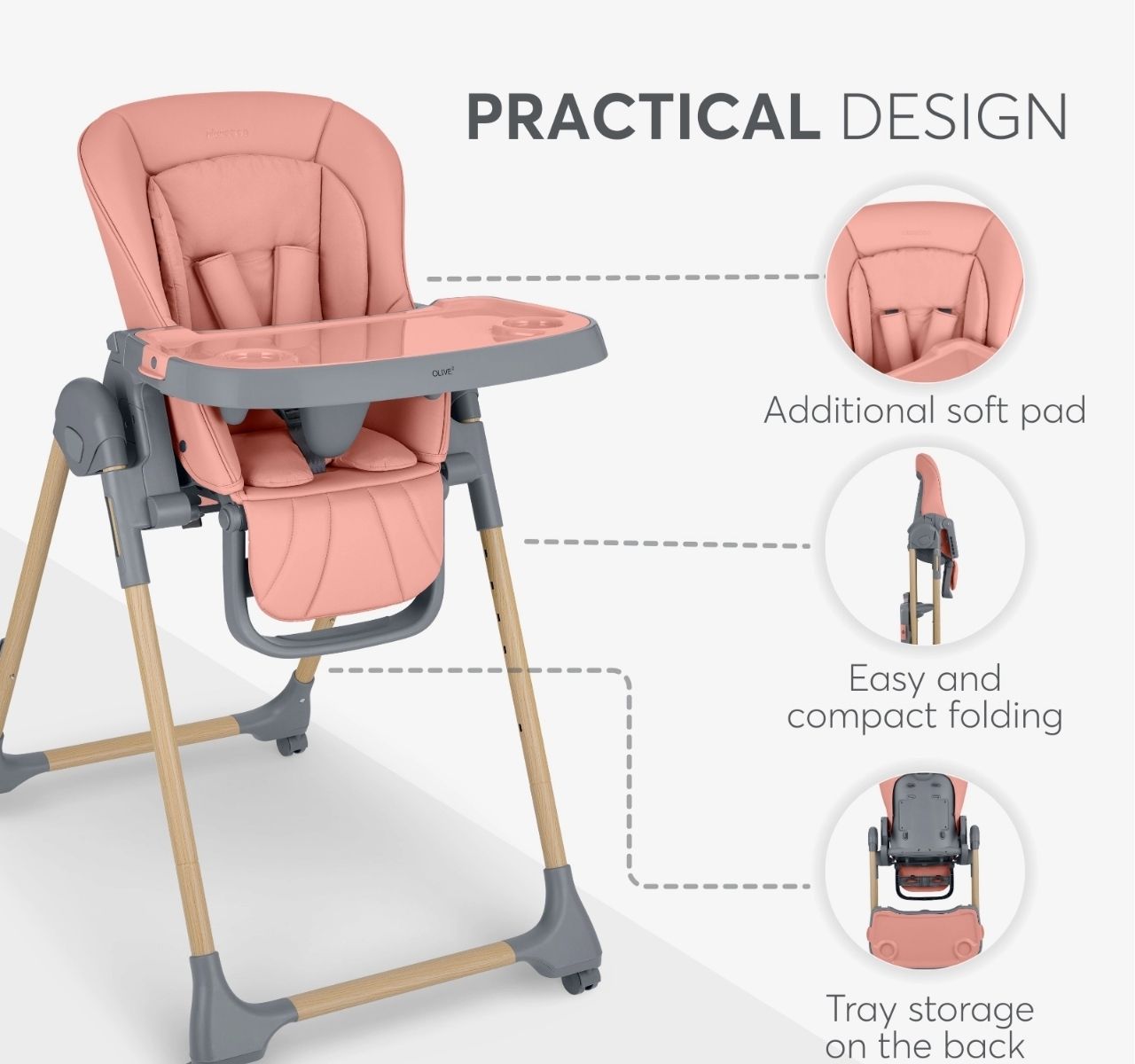 Kikka Boo Olive 2 Premium hranilica za bebe Wood dekor Pink-vezivanje u 5 tacaka