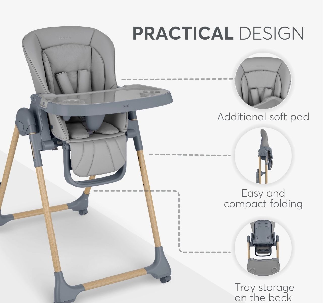 Kikka Boo Olive 2 Premium hranilica za bebe Wood dekor Grey pojasevi u 5 tacaka vezivanja