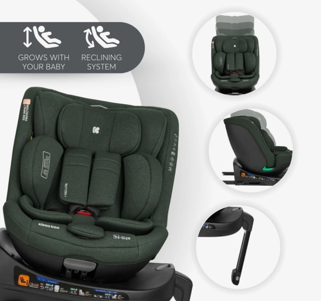Kikka Boo i-Secure i-Size Isofix auto sedište za bebe 40-150cm Army Green sa potpornom nogom