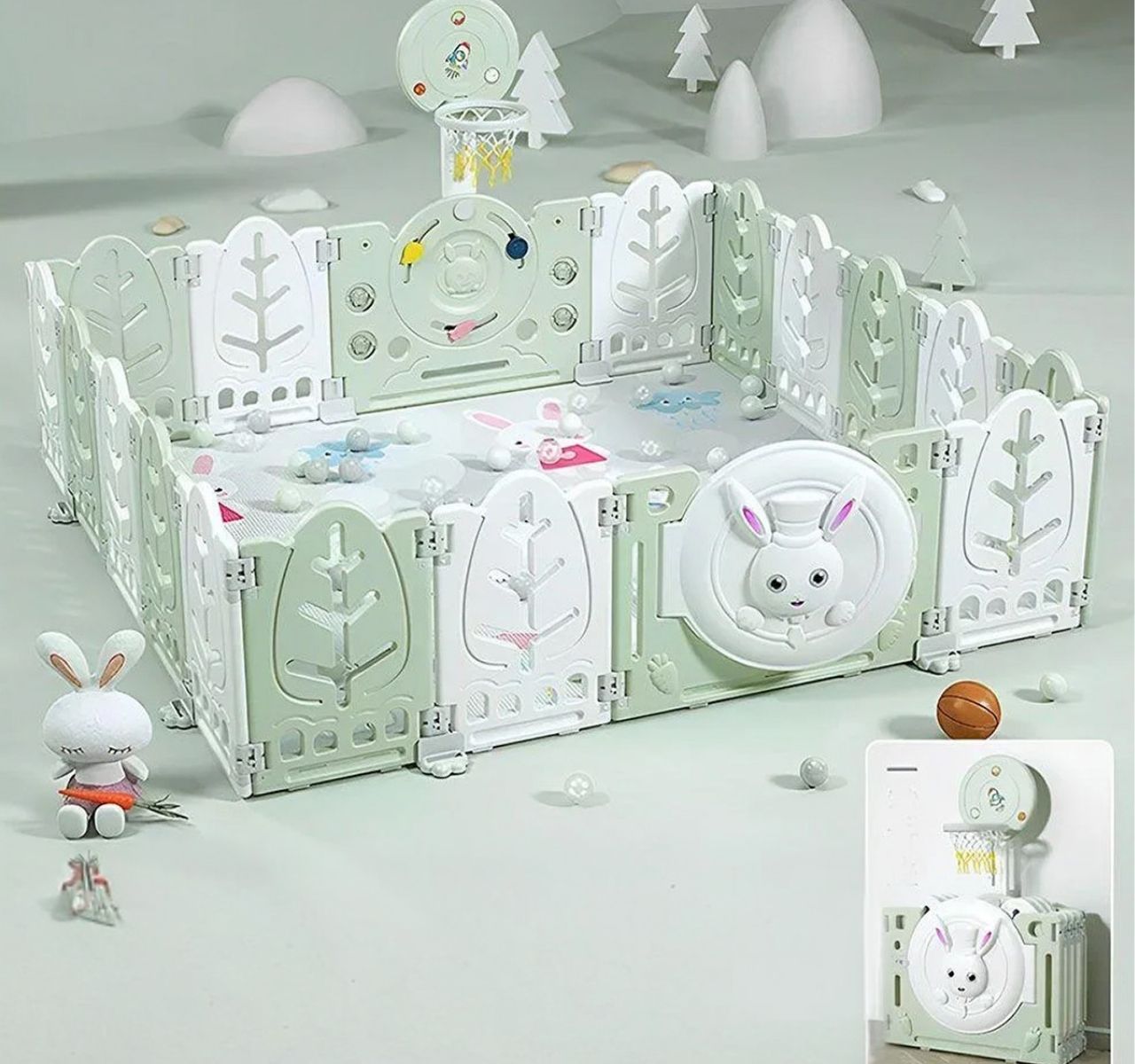 Jungle Sklopiva ogradica za bebe sa košem 200x200 cm Mint sa kosem-Happy kids
