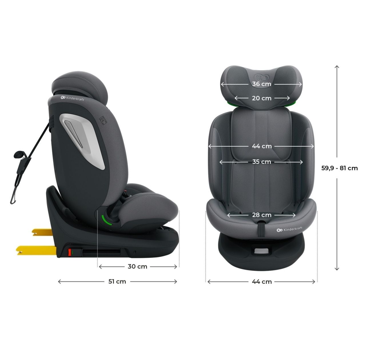 Kinderkraft I-Grow 2 Plus I-Size auto sedište od 40-150 cm Grey-dimenzije