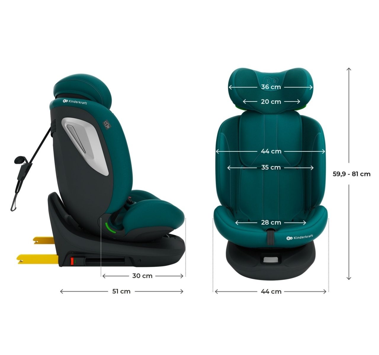 Kinderkraft I-Grow 2 Plus I-Size auto sedište od 40-150 cm Green-dimenzije