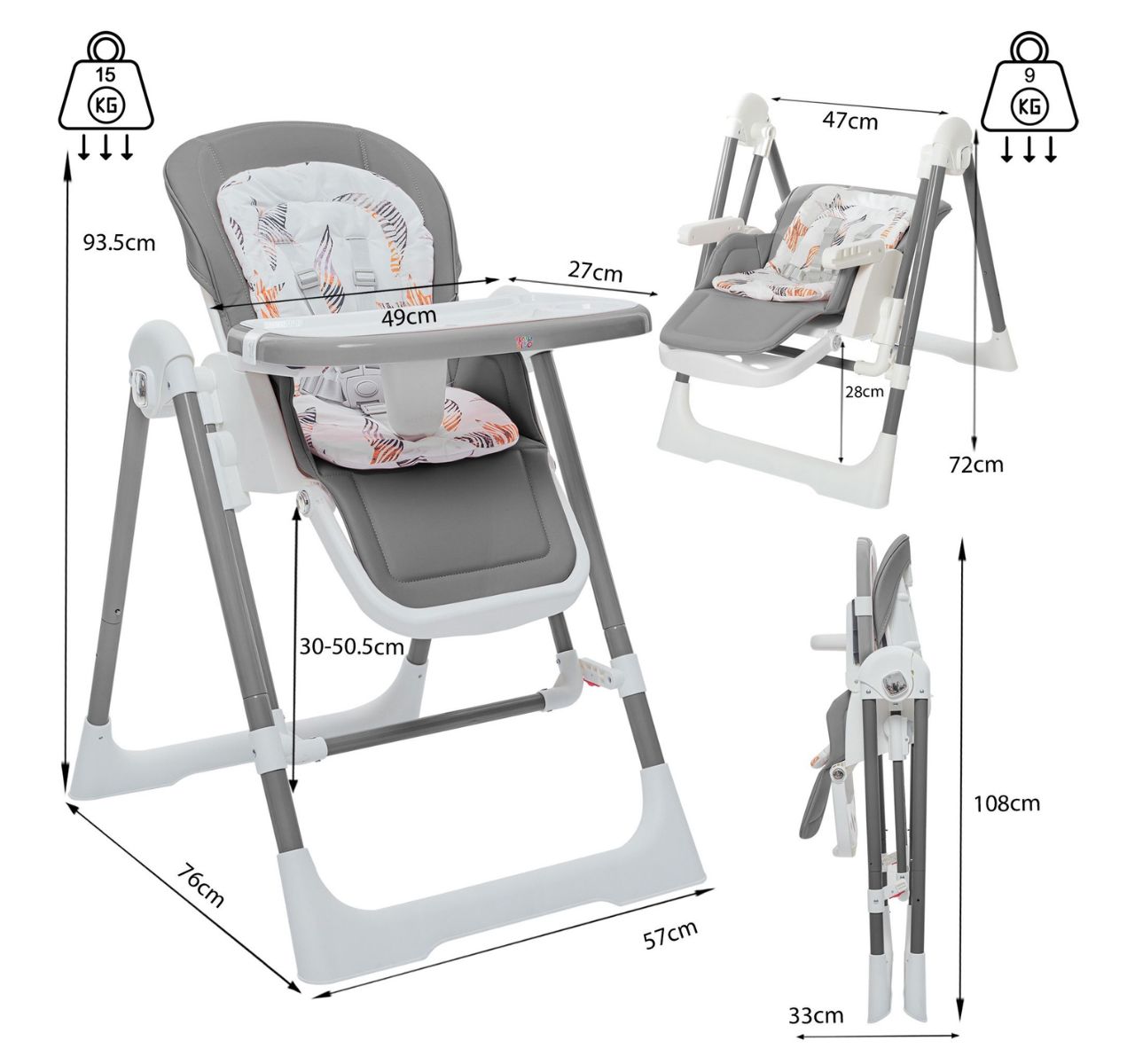   Only Swingy višepoložajna 2u1 hranilica-ljuljaška za bebe Grey-dimenzije