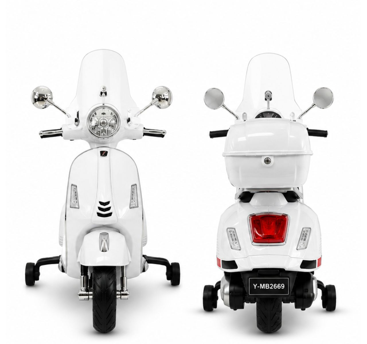 Only Vespa dečiji motor na akumulator 12v Bela-pogled spreda i od nazad