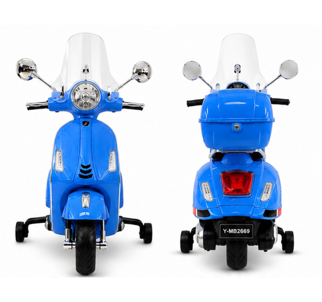 Only Vespa dečiji motor na akumulator 12v Plavi-pogled spreda i od nazad
