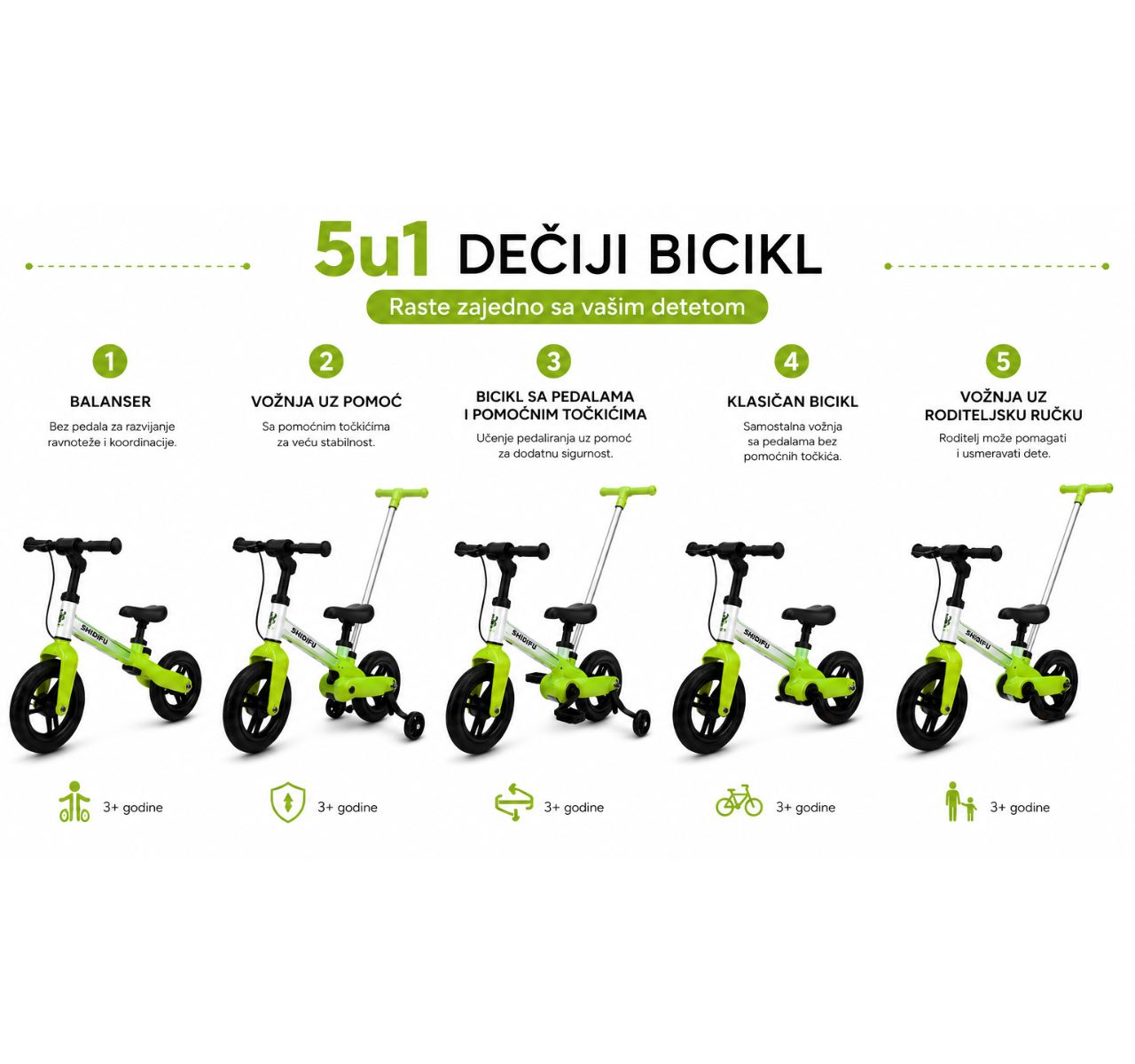 Only Smart bicikl za decu 5u1 Green-primena