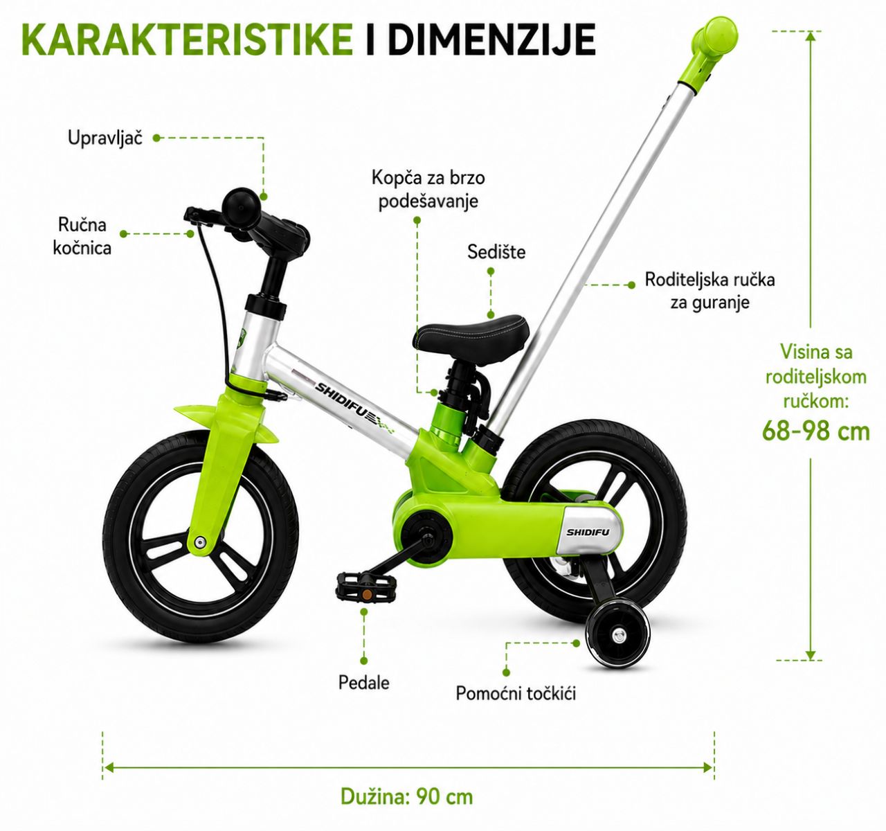 Only Smart bicikl za decu 5u1 Green-dimenzije i delovi bicikla