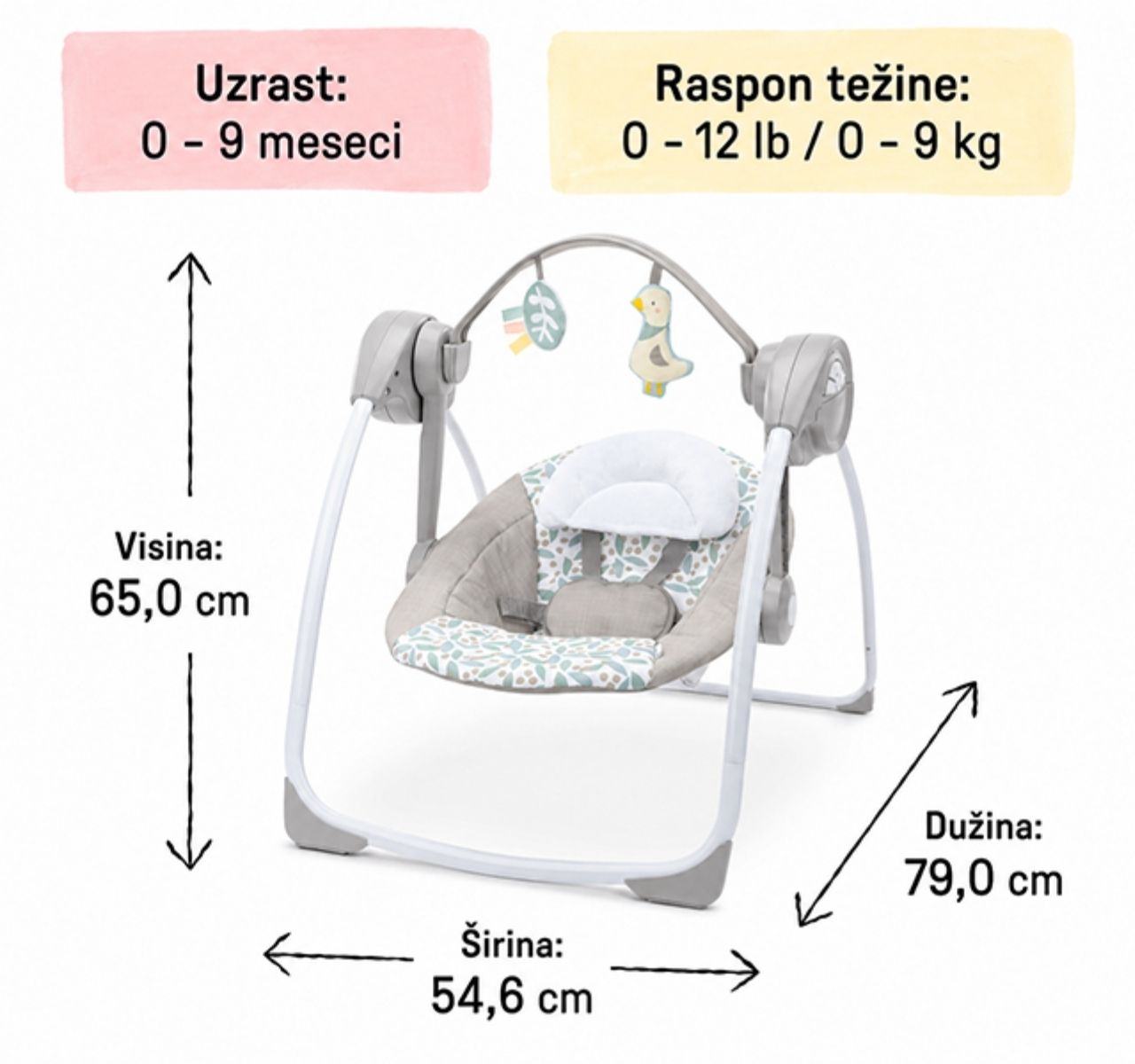 Kids II Ingenuity Comfort 2 ljuljaška za bebe 0-9 meseci  Go Endless Bloom-dimenzije i uzrast