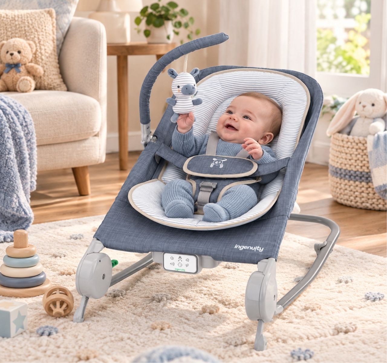 Kids II Ingenuity Happy Belly Chambray 2u1 njihalica/ležaljka za bebe 0-6m sa masažerom-Happy kids