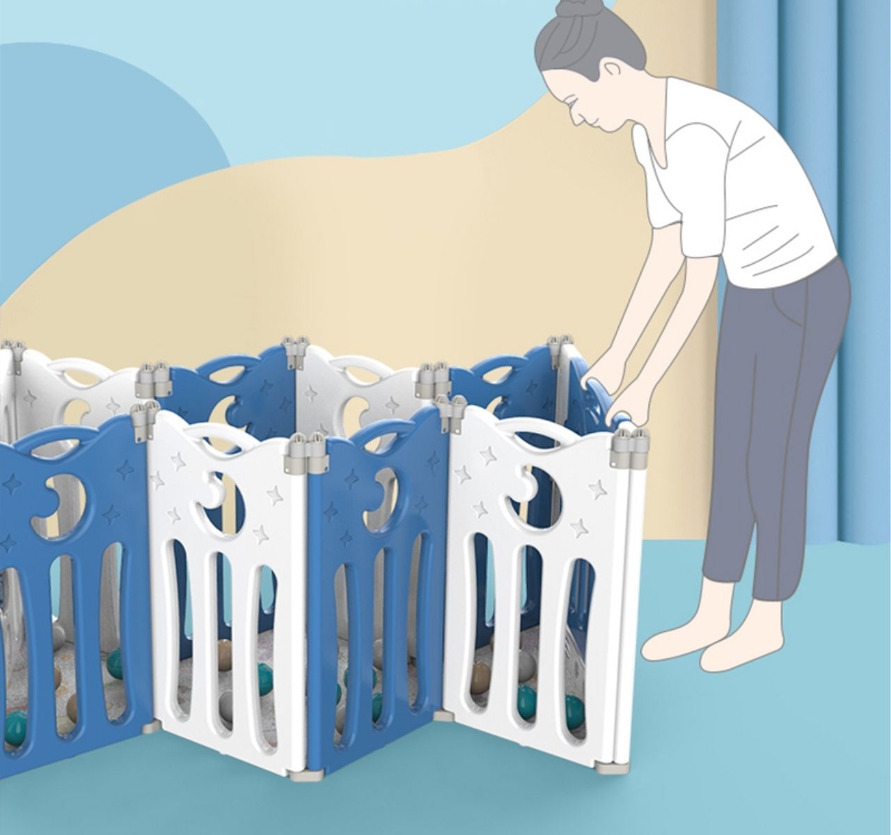   Feelkids Sovica sklopiva ogradica za bebe Teget+bela-sklopiva