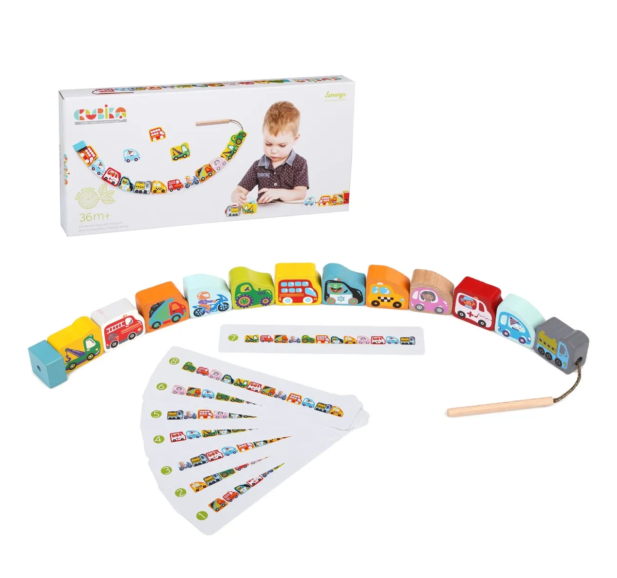 Cubika Drvena igračka-Nizanje perli Automobili (13 elemenata)